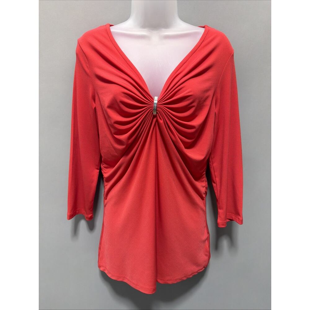 Michael Kors Women's Red Ruched Clasped Long-Sleeve Blouse Top Size M